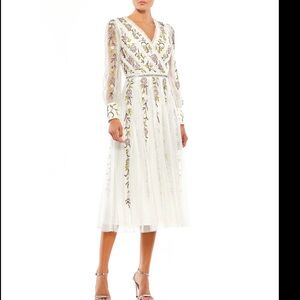 Mac Duggal Embroidered Faux Wrap Midi Dress Size 4 Long Sleeve  Bead Sequin 9133